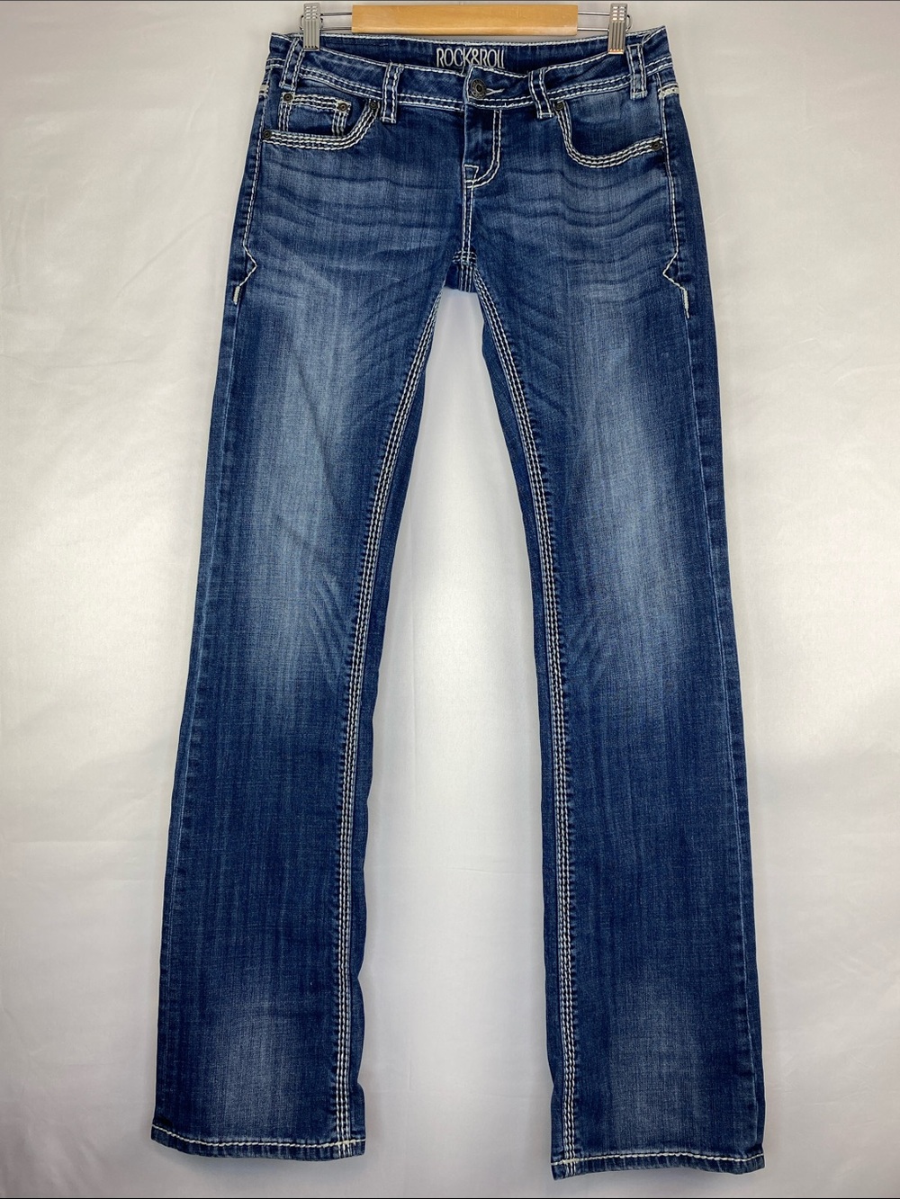 Rock & Roll Cowgirl Low-Rise Bootcut Jeans 29x38 Dark Wash Western Y2K Stretch